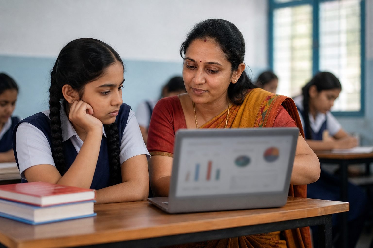 Teacher supporting a student with early academic progress insights
