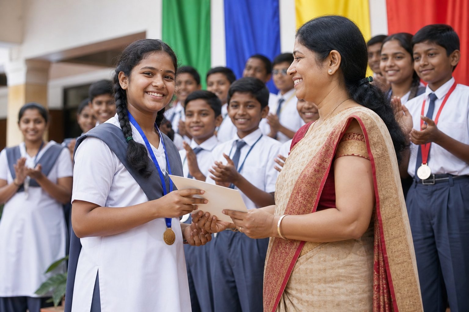 Student receiving an award at a school assembly