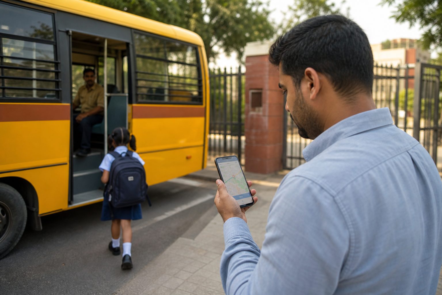 Parent tracking a school bus while a student boards