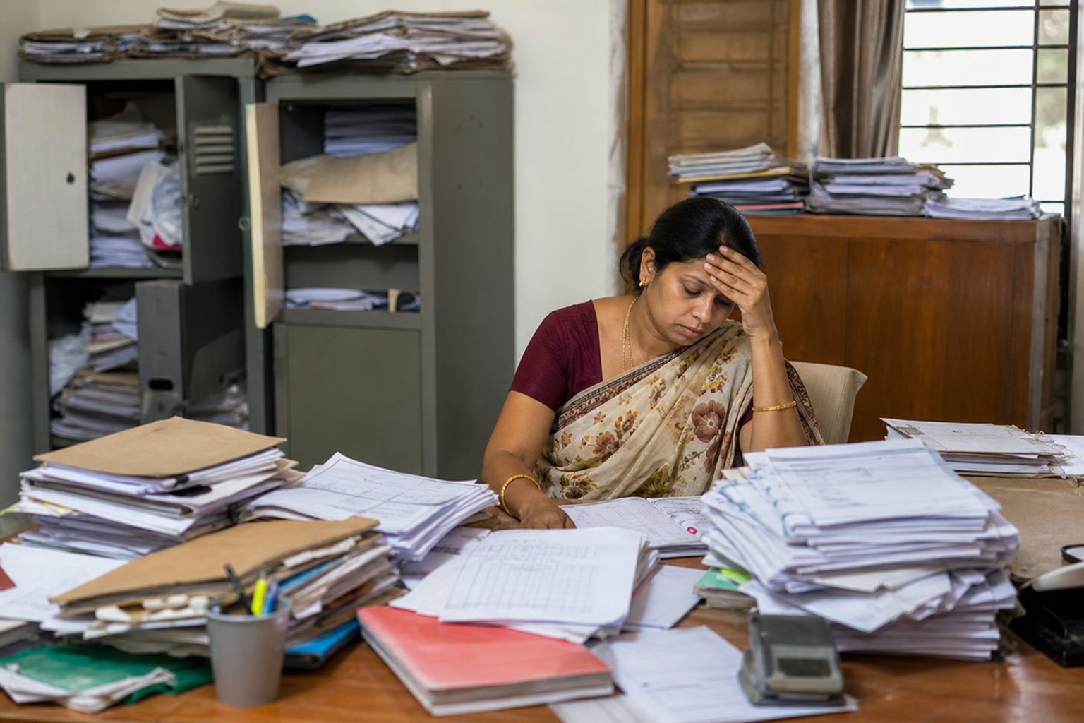 Staff files, leave forms, and payroll paperwork overflowing