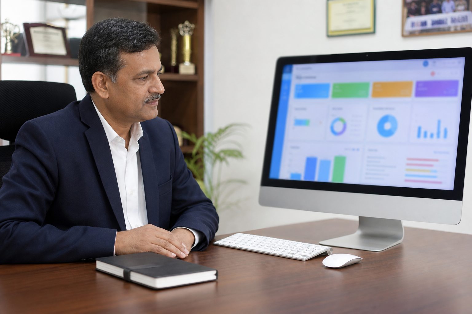 Principal reviewing a school leadership dashboard