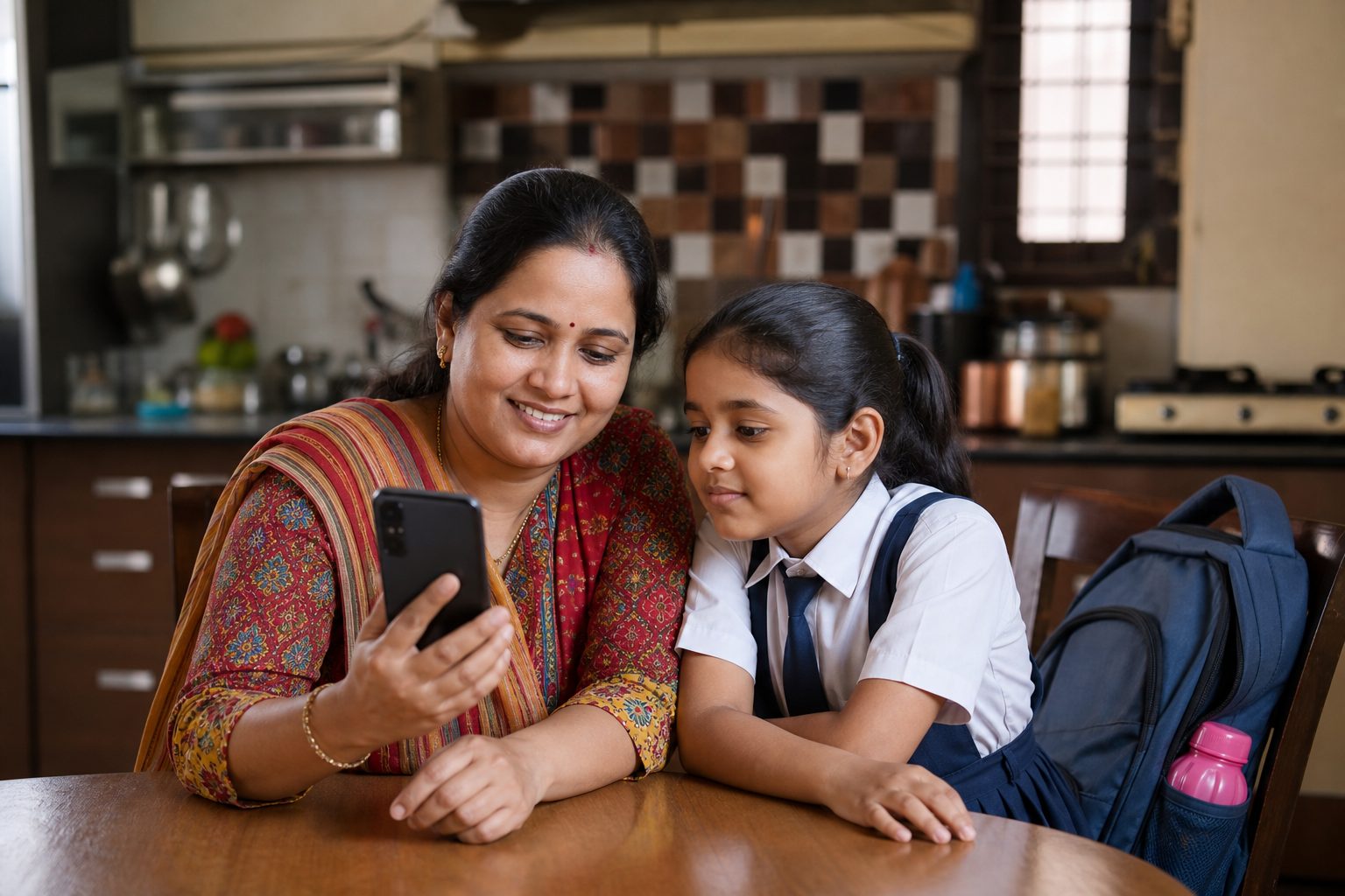 Parent checking school updates with her child